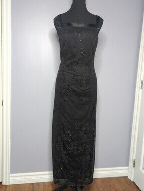 Vintage CDC Black Lace Sequin Formal Evening Gown Maxi Dress Sz 10